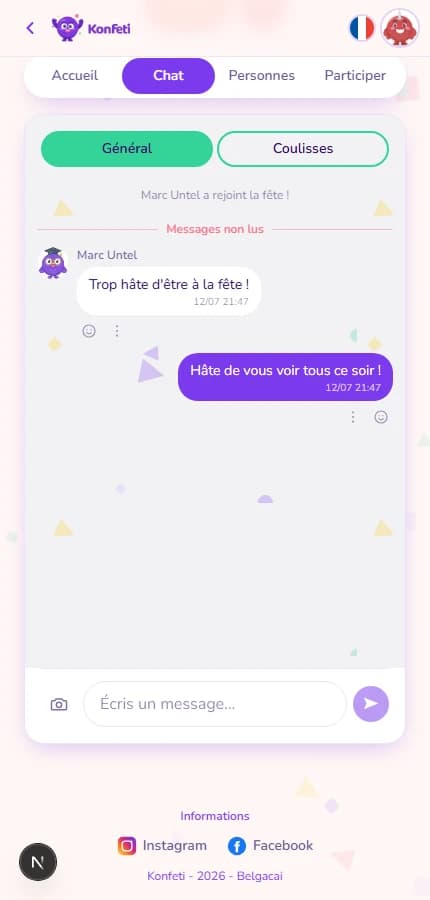 Le chat d'un événement Konfeti, avec des messages et des réactions