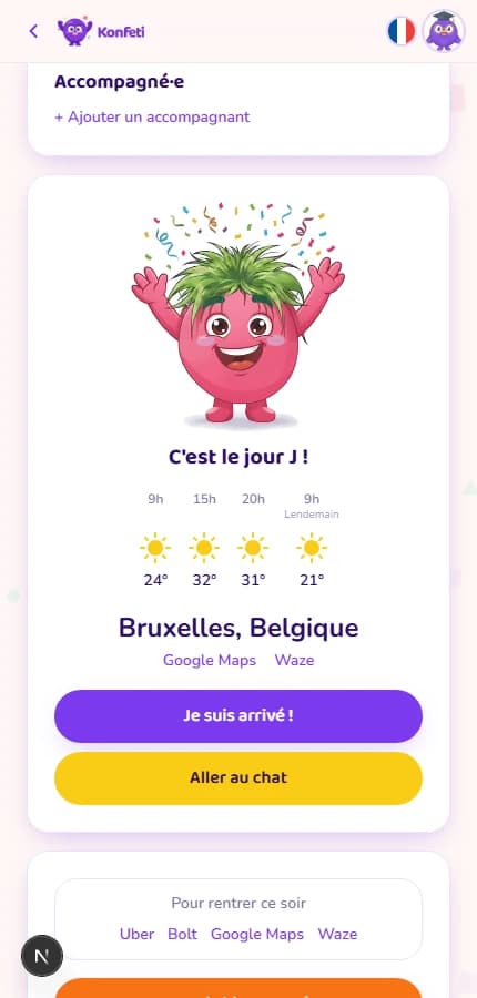 L'accueil d'un événement Konfeti côté invité le jour J, avec l'adresse et la météo prévue